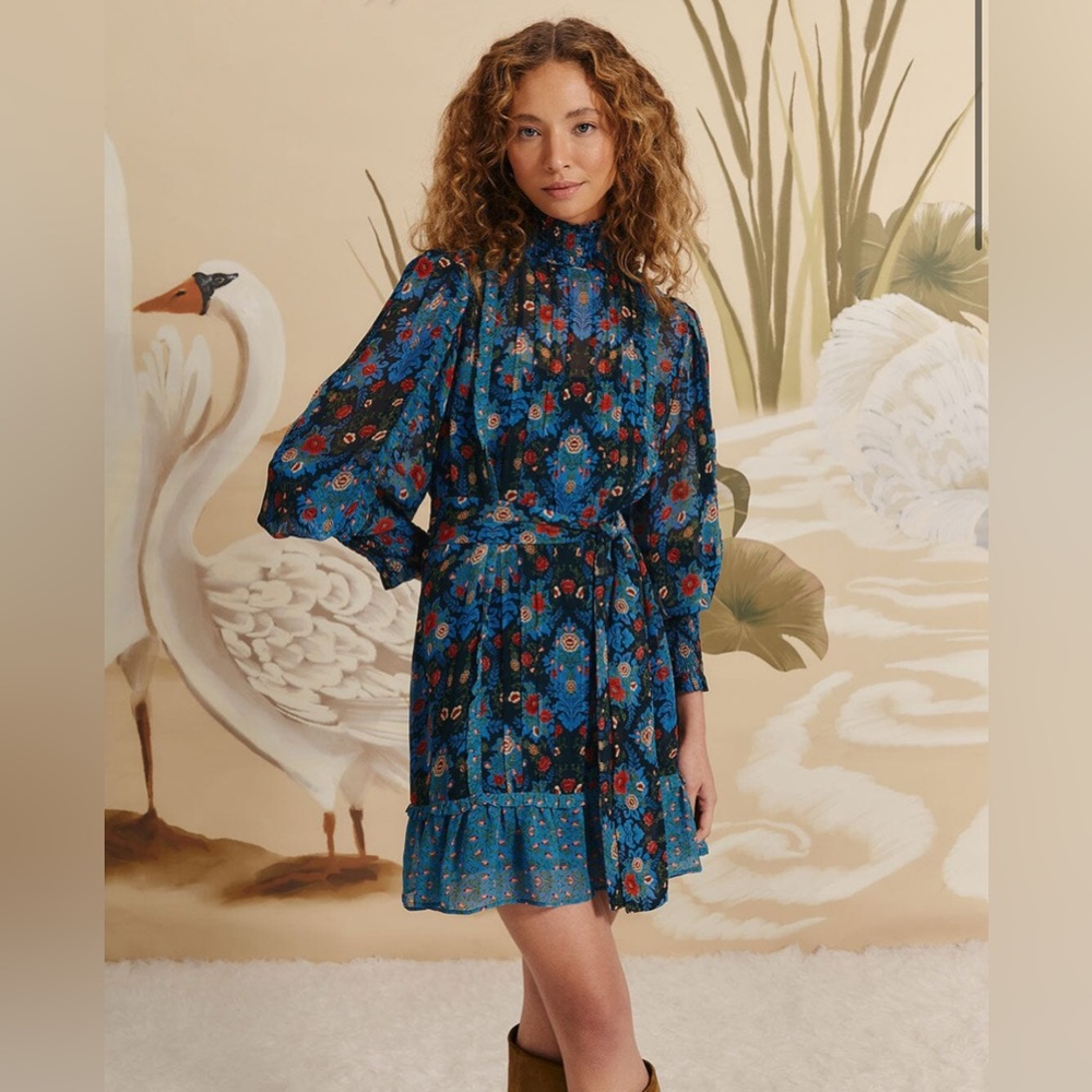 Farm Rio Blue Floral High Neck Mini Dress